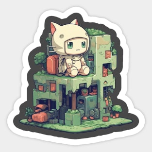 Small cute cat character sitting on a small building Sticker